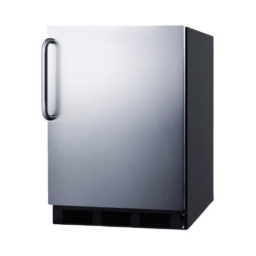 Compact 24-inch wide ADA-compliant built-in refrigerator-freezer with stainless steel door and black cabinet in appliances collection