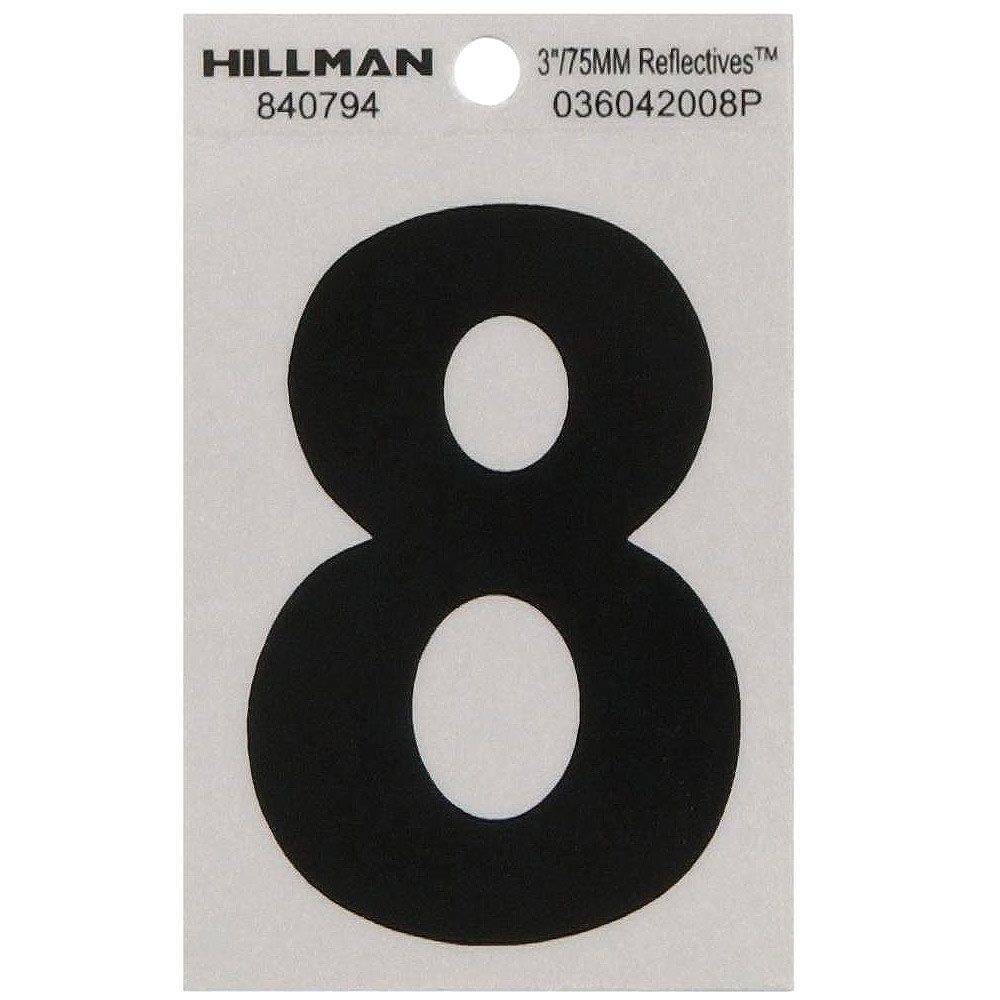 Black adhesive house number 8 with silver backing displayed on white card for home improvement Hardware under $50