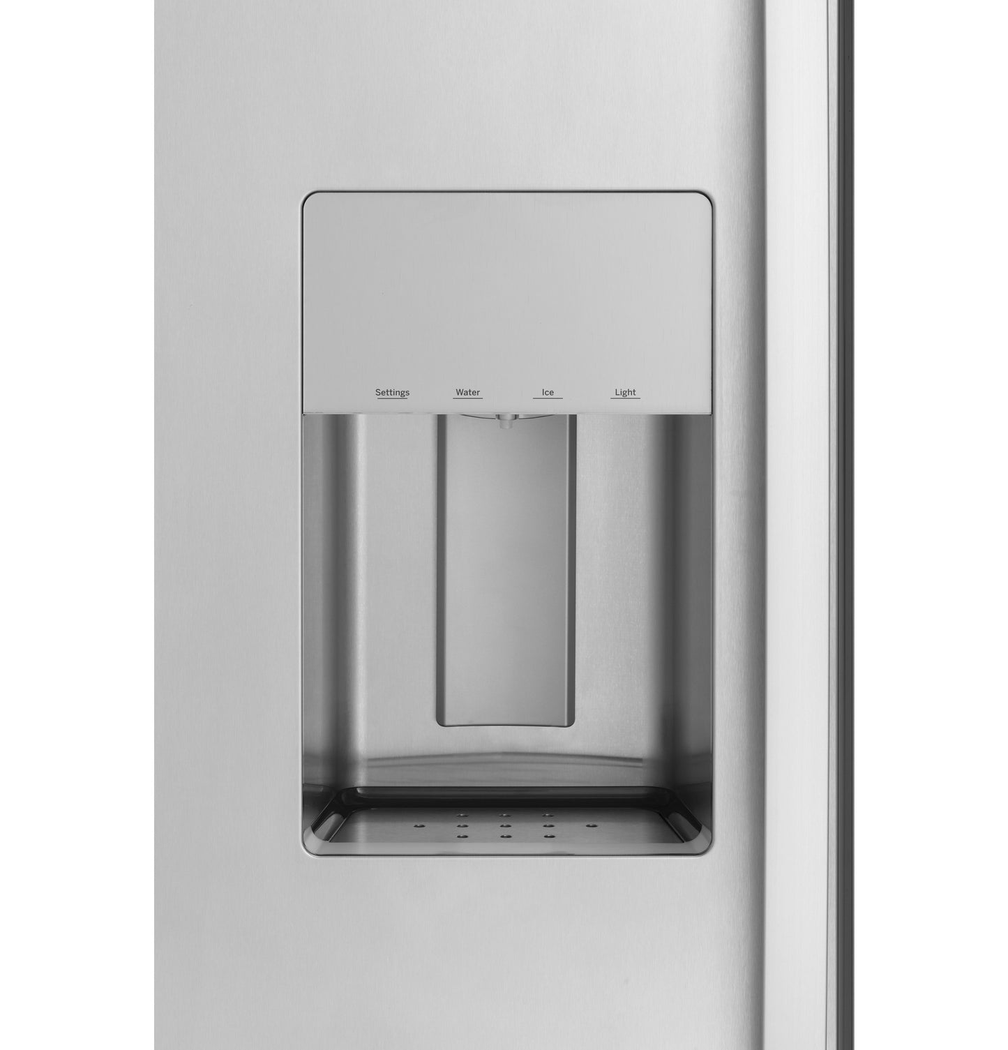 Stainless steel built-in refrigerator water and ice dispenser with control panel for kitchen appliances collections