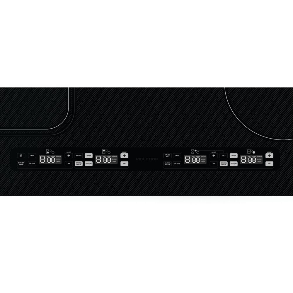 Control panel close-up of black induction cooktop with digital touch buttons and four heating zones in kitchen appliances