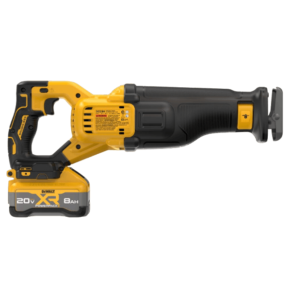 Yellow and black cordless brushless reciprocating saw with XR POWERPACK battery for woodworking and home improvement tools