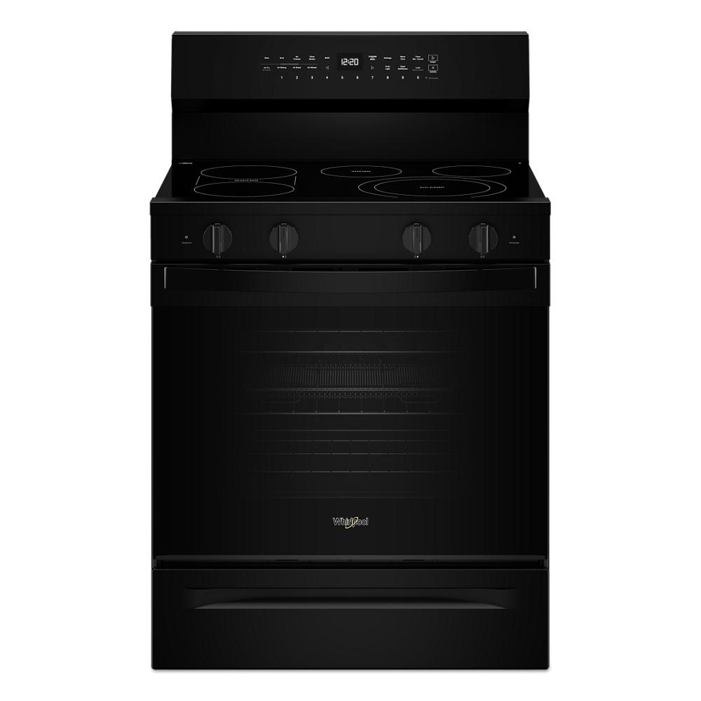 Black freestanding electric range with smooth cooktop, control knobs, digital display in ranges and kitchenware collection