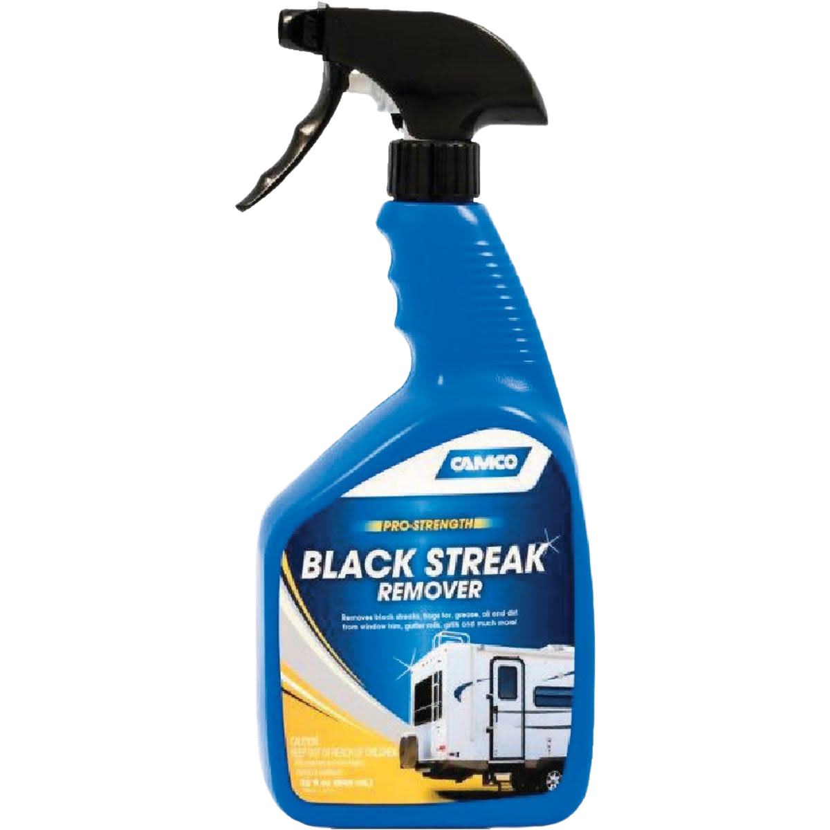 Blue spray bottle of Camco Black Streak Remover for removing black streaks on RVs and outdoor surfaces in home improvement tasks