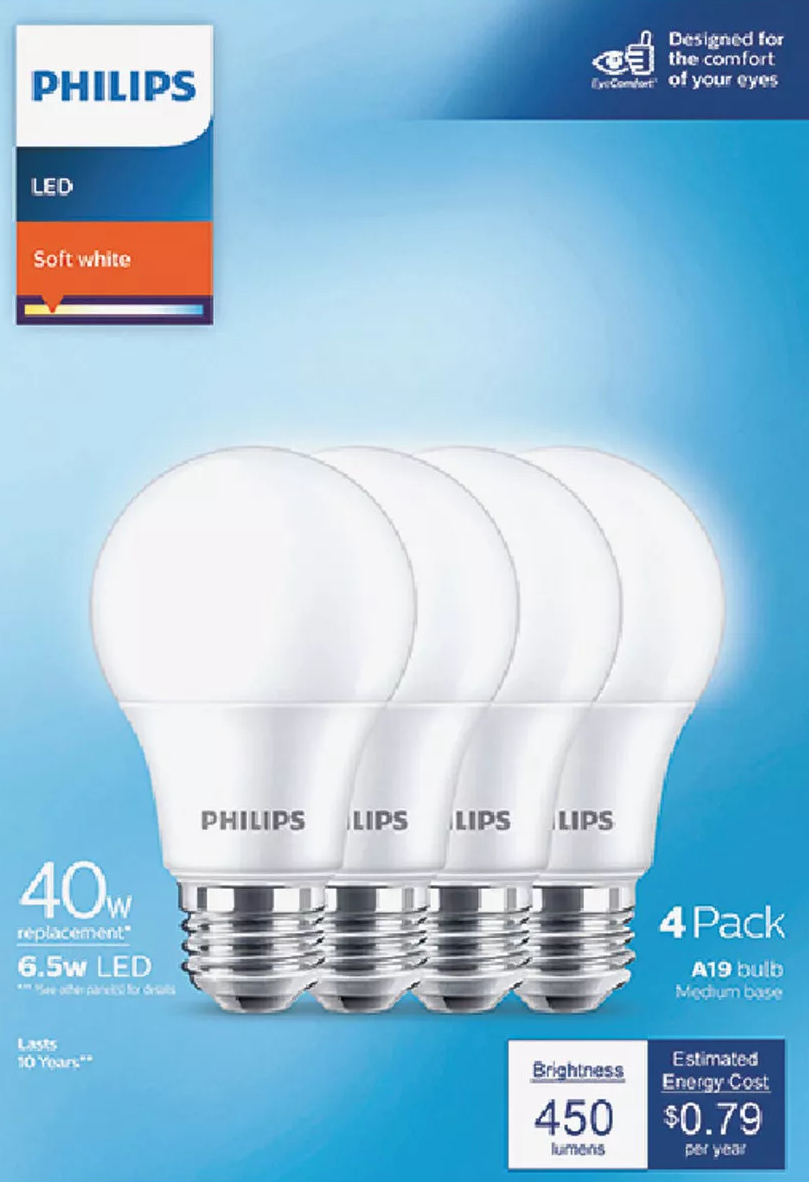 Set of four Philips soft white LED bulbs with medium base, energy-efficient lighting for home improvement collections