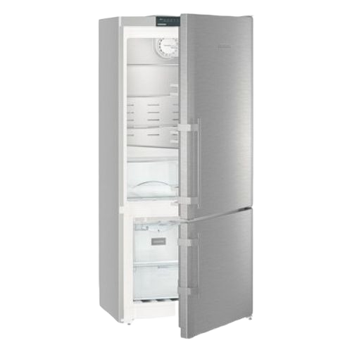 Freestanding two-door fridge-freezer with stainless steel finish and adjustable interior shelving in Refrigerators collection