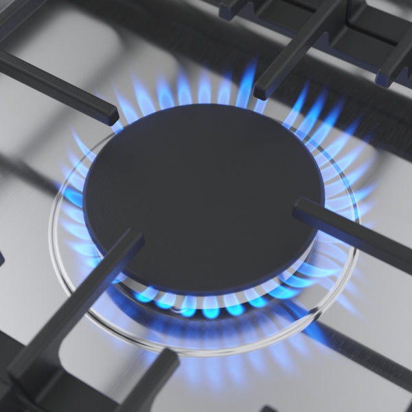 Close-up of a stainless steel gas burner with blue flame on a modern cooktop from Bosch Gas Cooktops collection