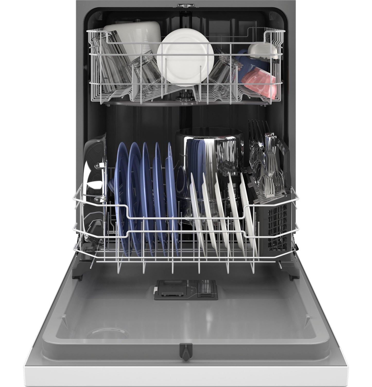 Open front control dishwasher interior with upper and lower racks loaded with dishes and utensils, kitchen appliances collection
