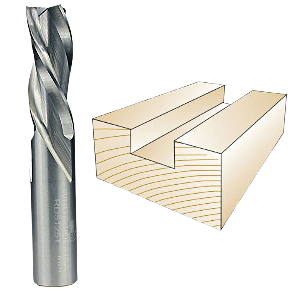 Three-flute spiral downcut router bit with sample wood groove for precise cuts in power tool accessories collection