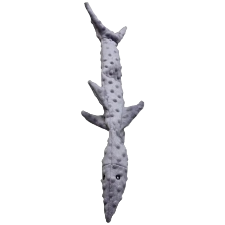 Gray textured plush dog toy shaped like a long shark with multiple fins for pet toys and supplies collections