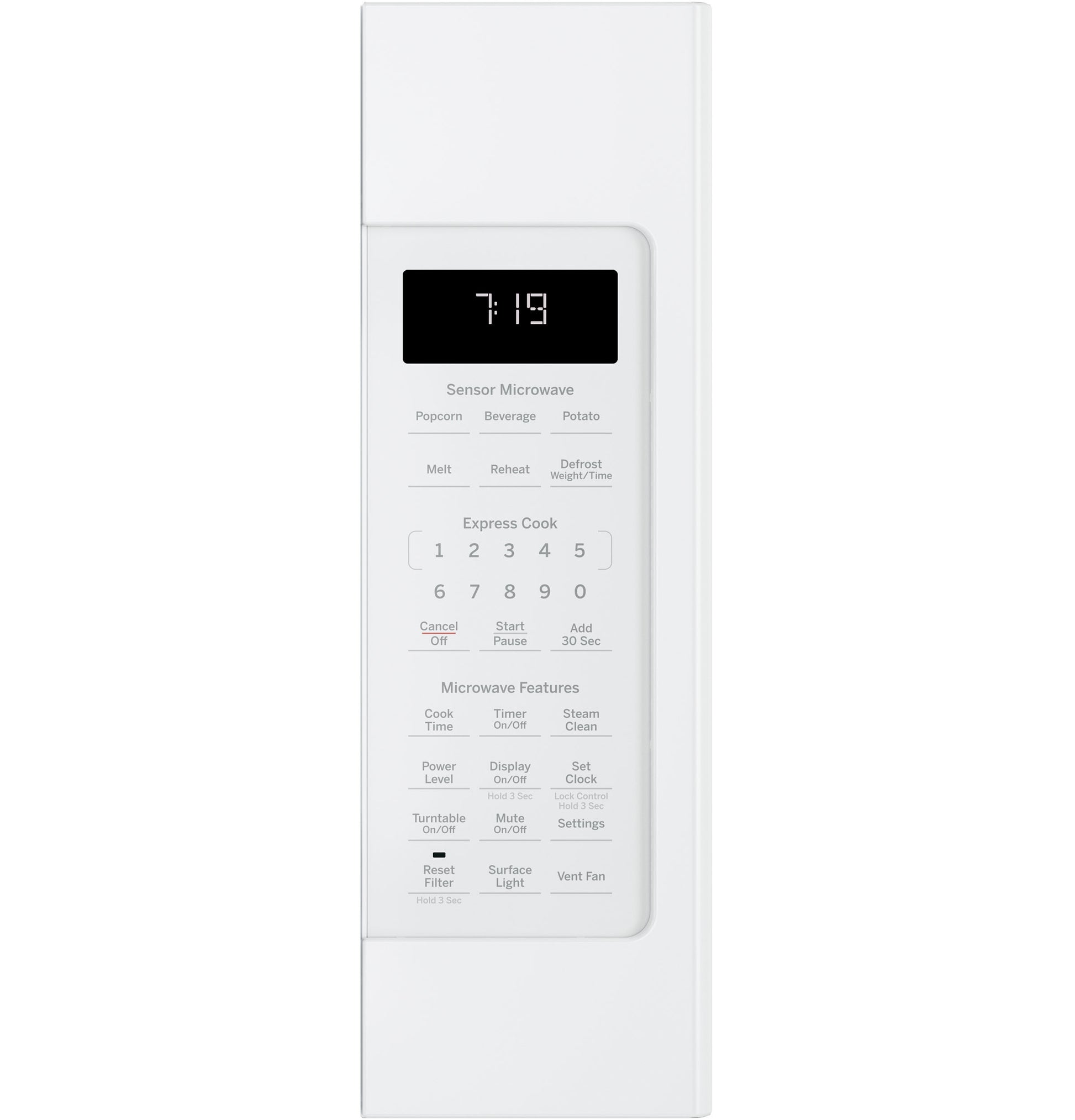 White sensor microwave control panel with digital clock and multiple preset cooking options in kitchen appliances collection