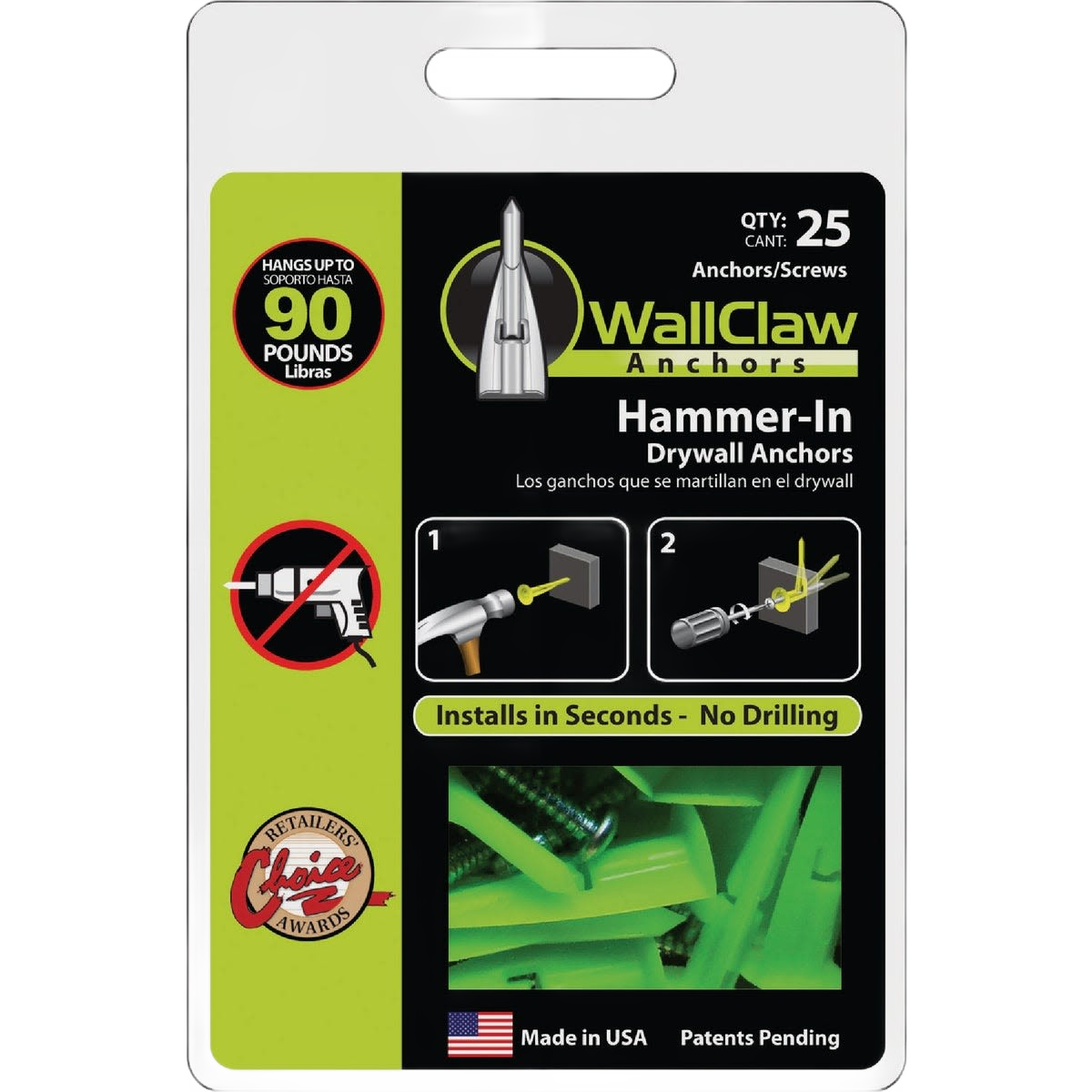 WallClaw 25-count hammer-in drywall anchors supporting up to 90 pounds for home improvement hardware projects