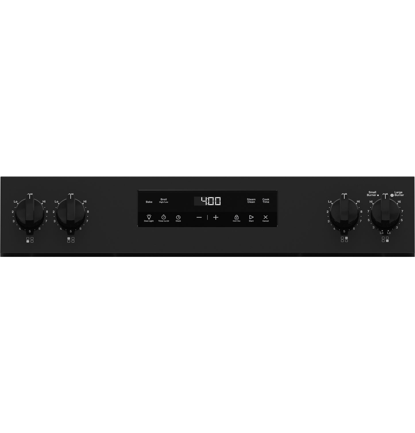 Black control panel with digital display and four rotary knobs on GE ENERGY STAR free-standing electric range