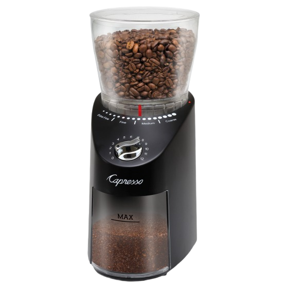 Black conical burr coffee grinder with clear bean hopper and adjustable grind settings for home use