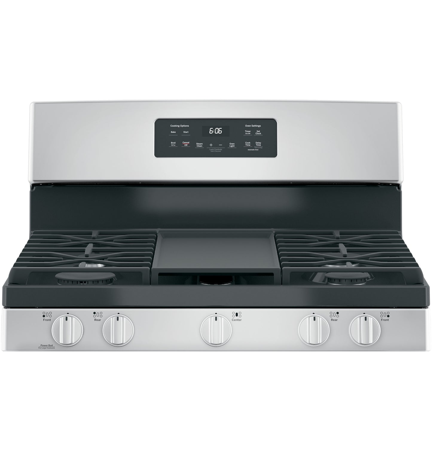 Stainless steel free-standing gas range with five burner controls and digital clock in kitchen appliance collection