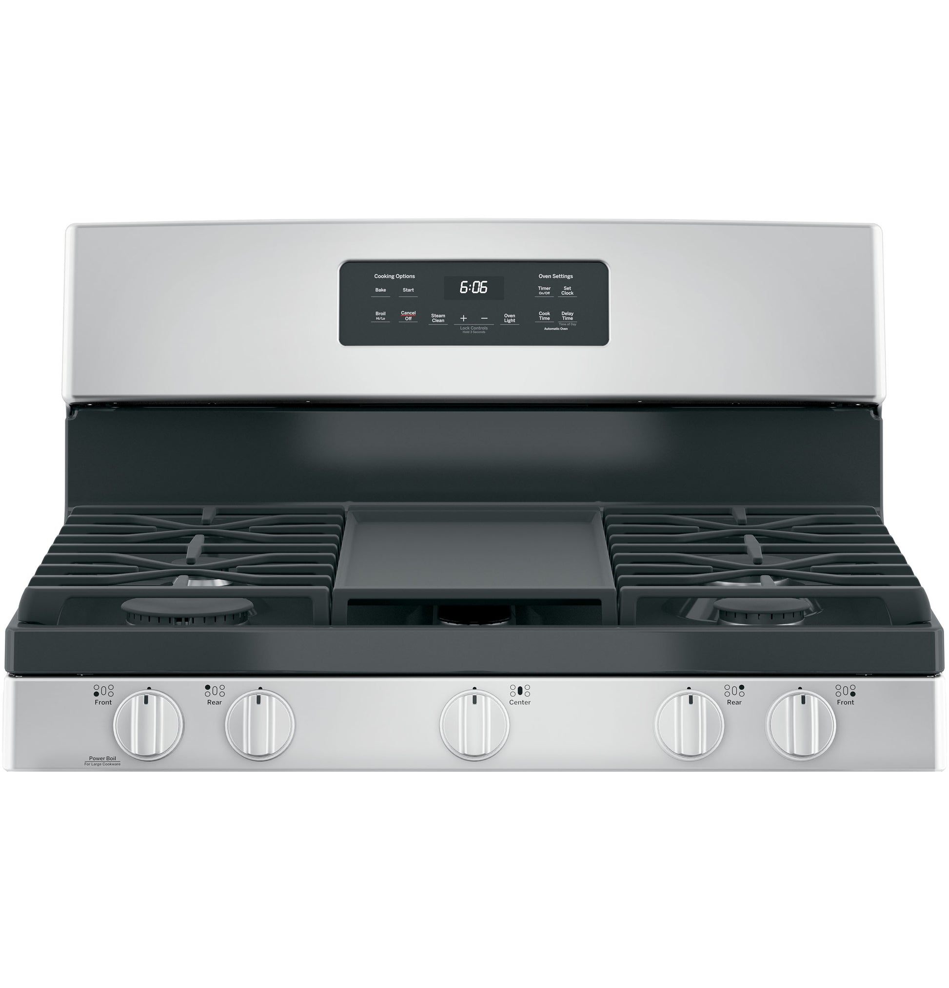Stainless steel free-standing gas range with five burner controls and digital clock in kitchen appliance collection