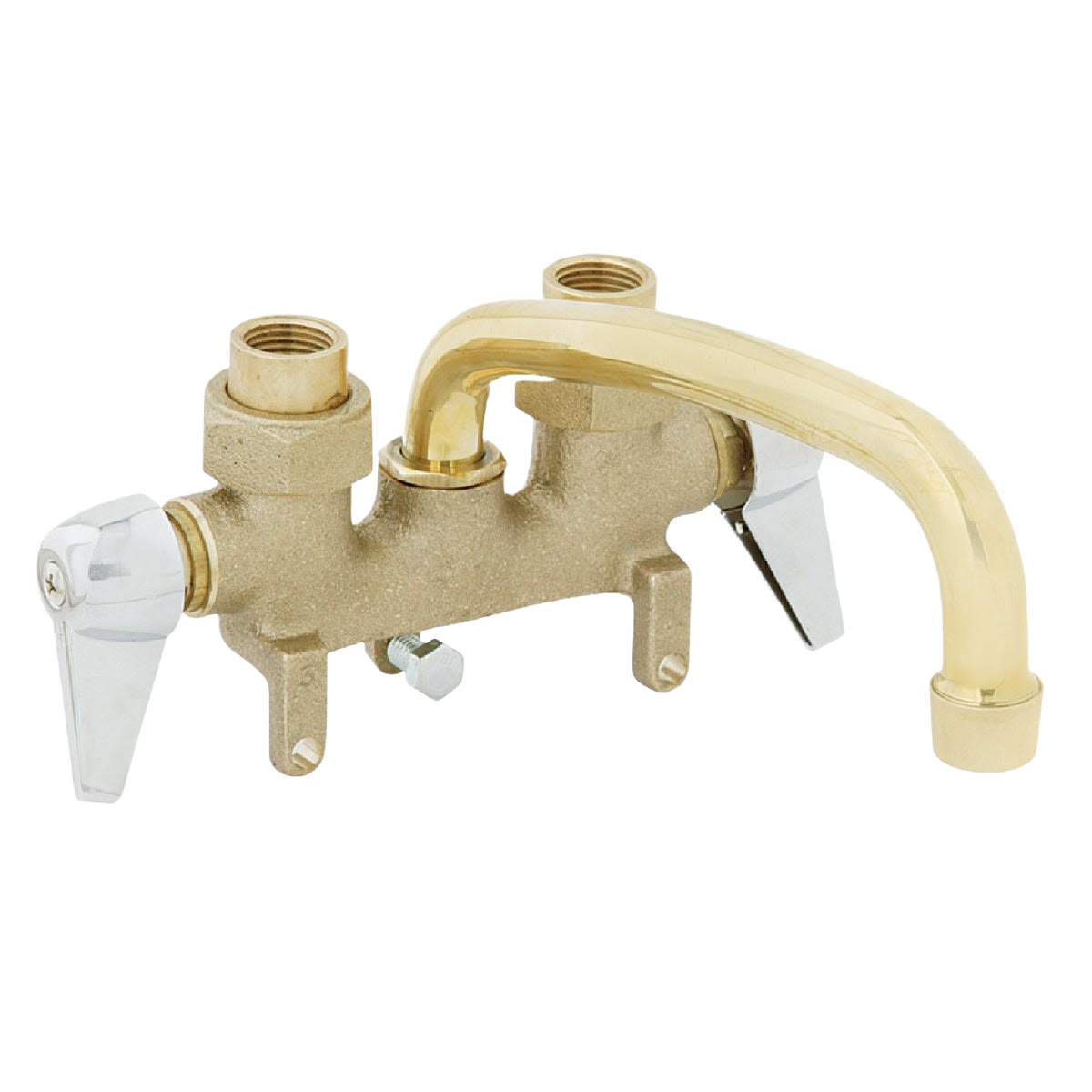 Rough brass utility faucet with chrome handles and curved spout, designed for plumbing and laundry sink use under $100.