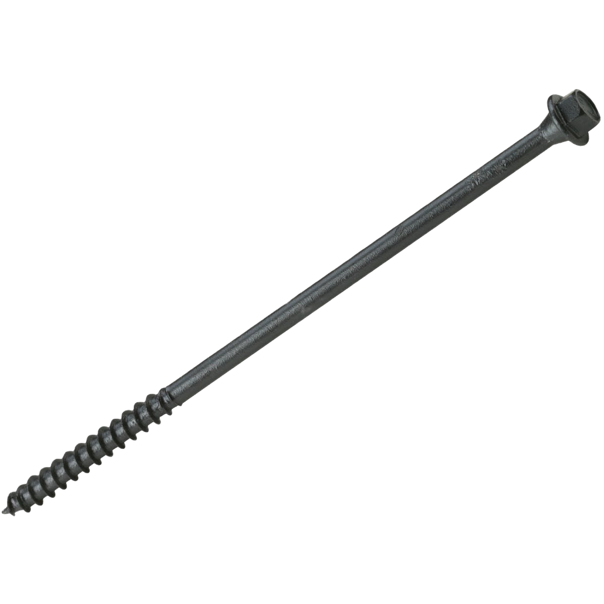 Black 6-inch heavy-duty Timberlok structure screw with hex head for lumber and building material fastening.