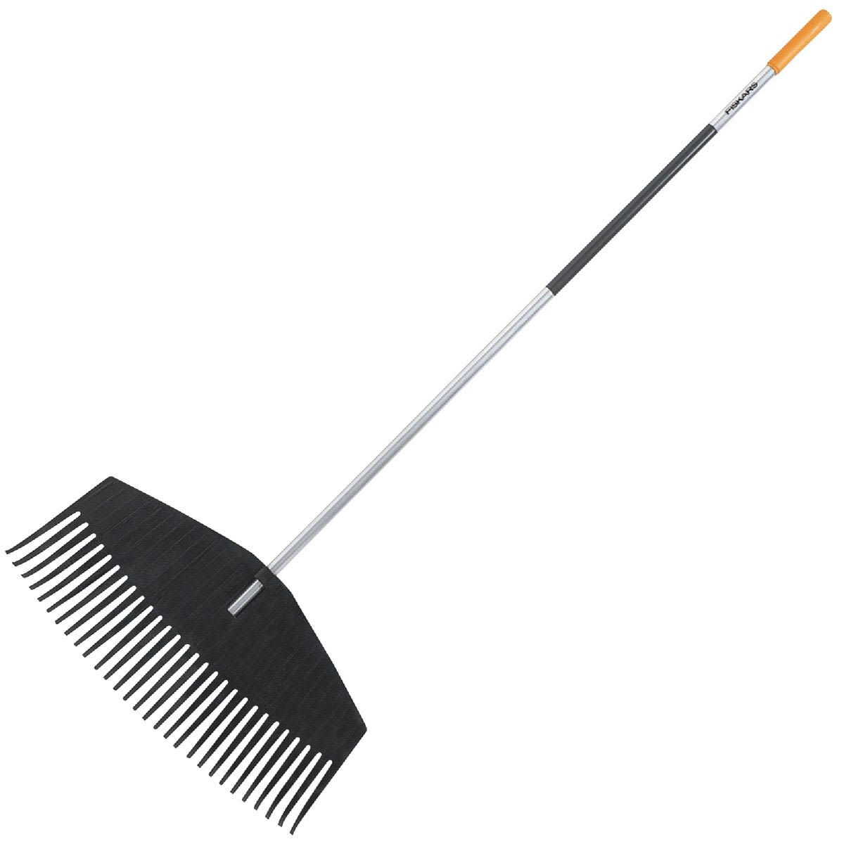 Durable leaf rake with wide poly head and long handle for efficient leaf collecting in garden and outdoor tool collections