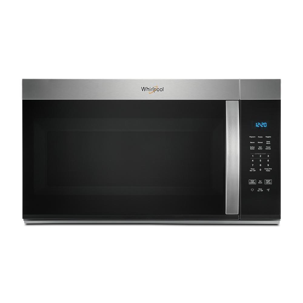 Over-the-range microwave with stainless steel trim, digital control panel, and large glass door for kitchen appliances collection