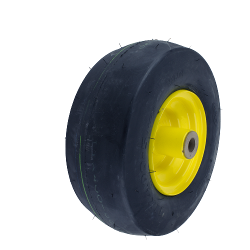 Black rubber tire with yellow metal wheel hub designed for John Deere equipment replacement parts