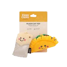 Plush taco and burrito cat toys with smiling faces on branded cardboard backing for pet play and enrichment