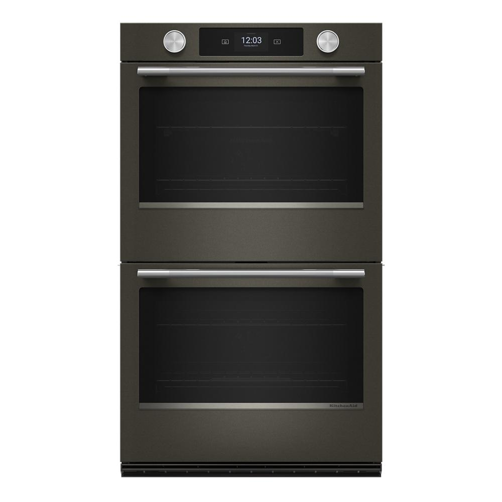 Double wall oven in black ore with assisted cooking, LED touchscreen, and stainless steel handles from KitchenAid appliances collection
