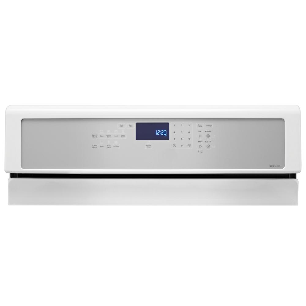 white gas range control panel with digital clock and touch buttons in kitchen appliances collection