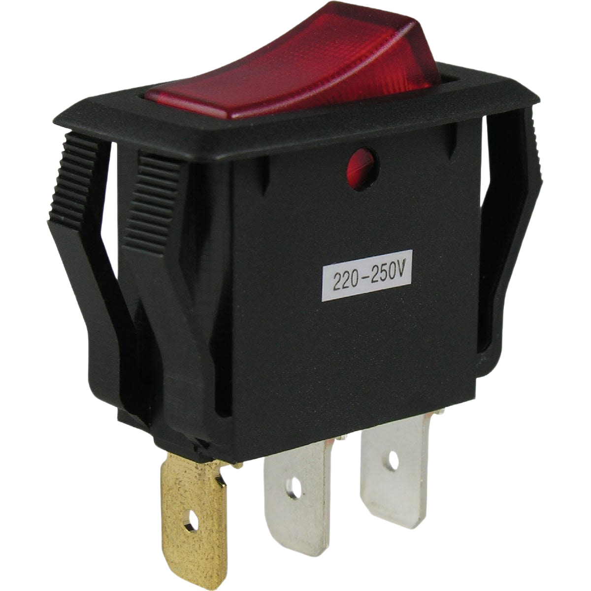Red illuminated rocker switch with three metal terminals for electrical and home improvement applications under $50 category