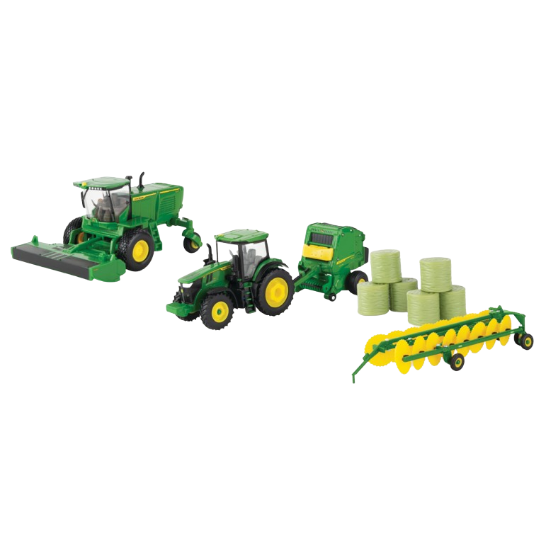 Green and yellow 1:64 scale farm equipment set with tractor, baler, hay bales, and harvesting attachments for display