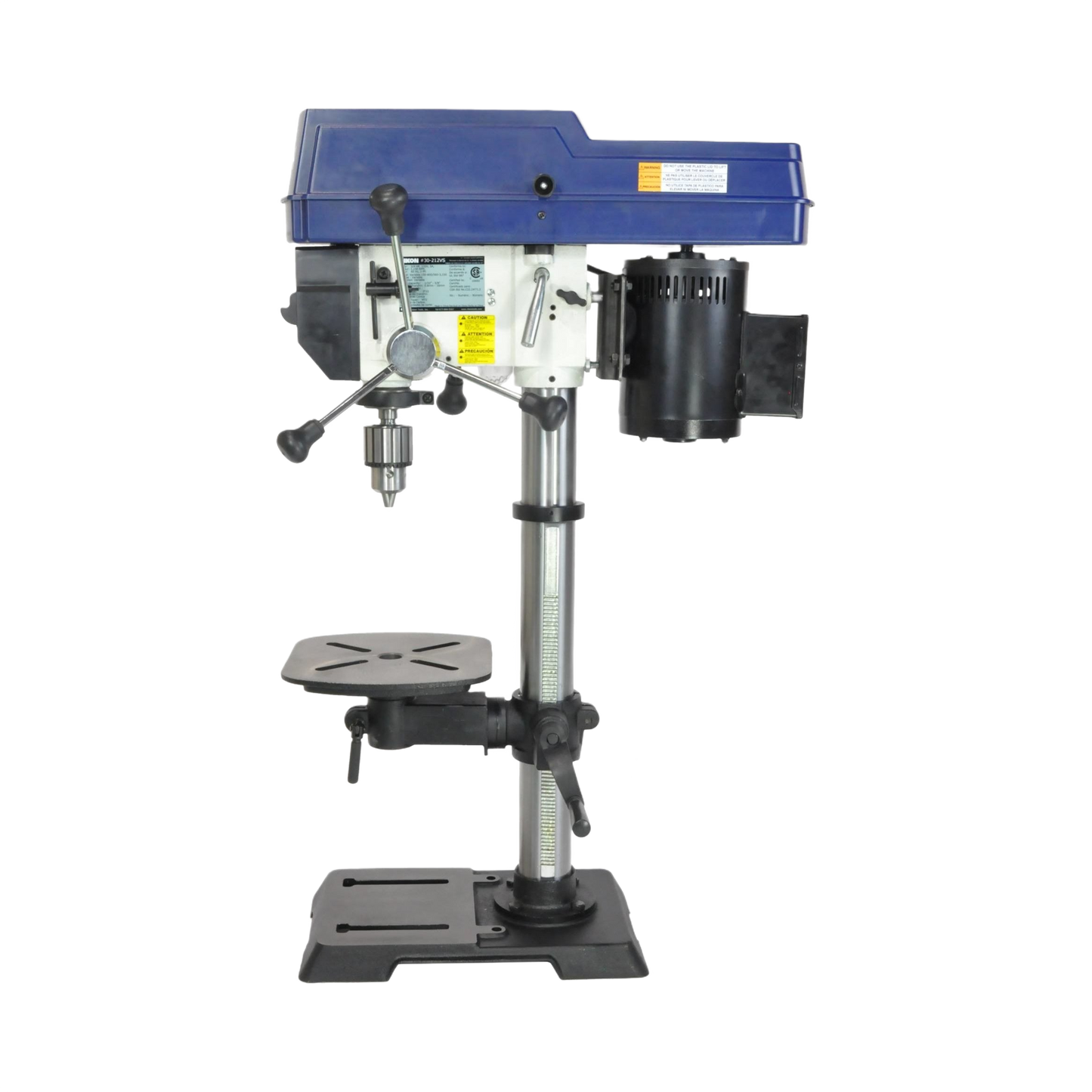 Blue and silver variable speed drill press with adjustable metal base for precise drilling in tools and home improvement tasks