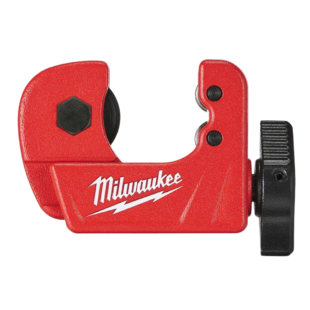 Compact red tubing cutter with precision blade and black adjustment knob for cutting copper pipes in home improvement projects