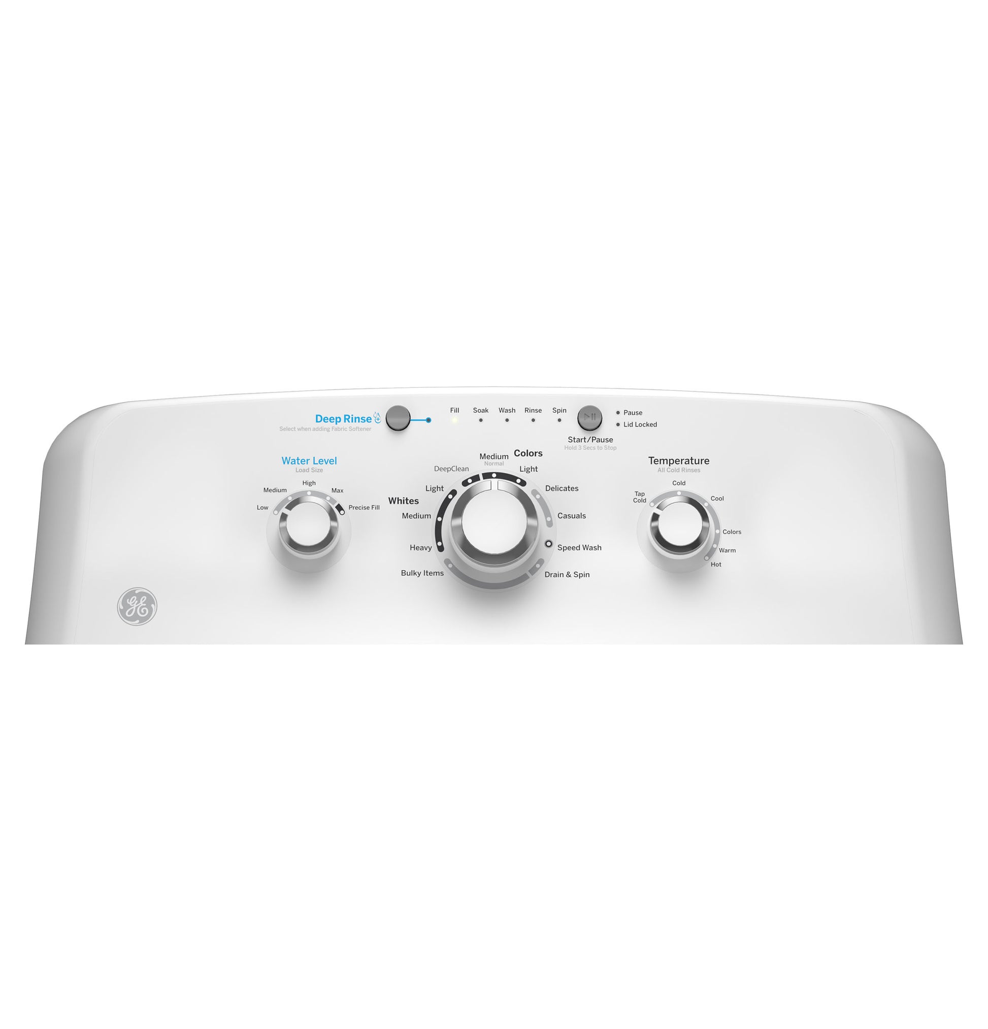 White washing machine control panel with water level, cycle, temperature, and deep rinse settings for laundry tasks