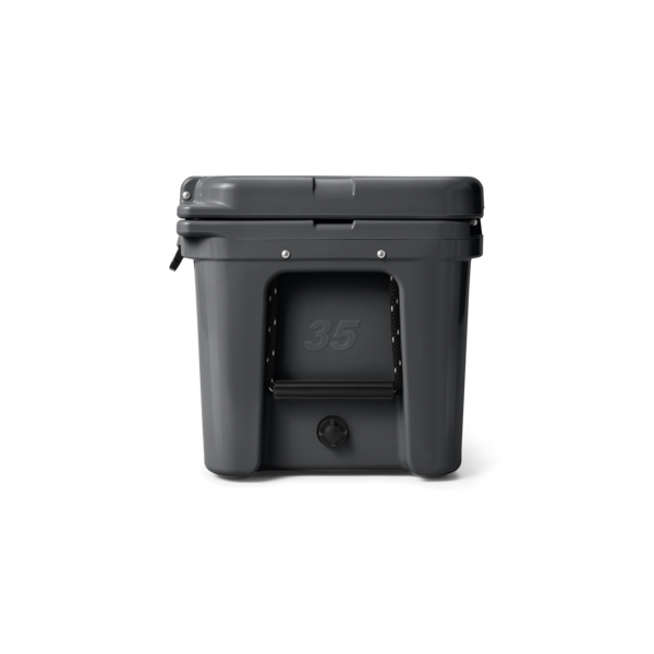 Gray rotomolded hard cooler with sturdy handle and latch locks for secure food storage and organization use