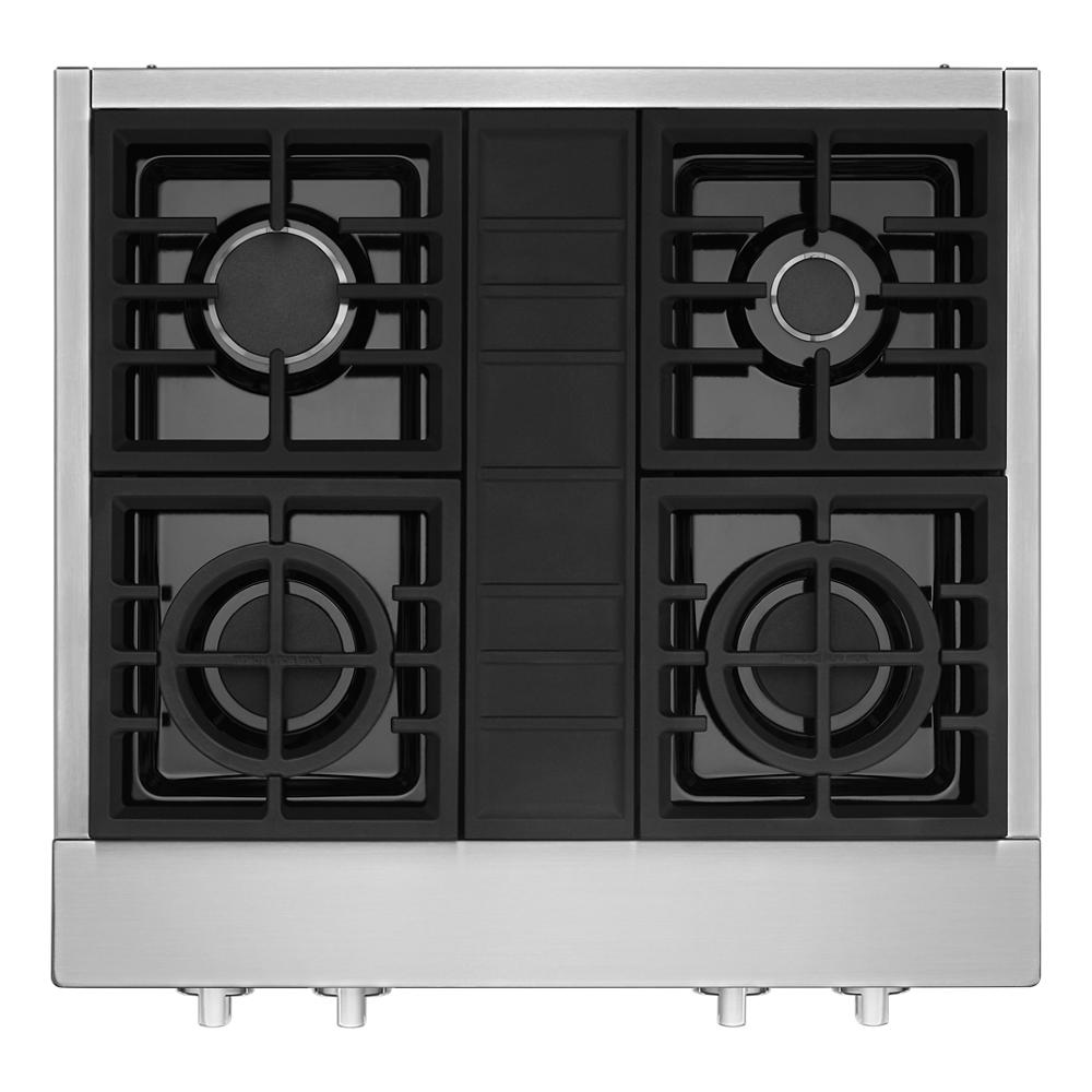 Top view of a stainless steel 30-inch 4-burner gas cooktop with commercial-style grates from the Cooktops collection