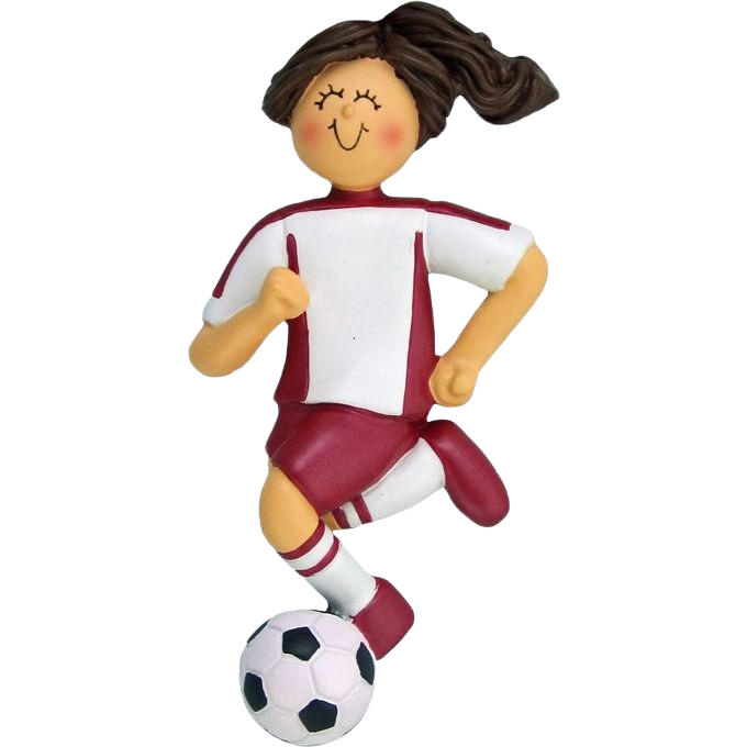 Whimsical brunette female figurine in red and white soccer uniform kicking ball for Christmas Ornaments & Tree Decorations under $50 collection