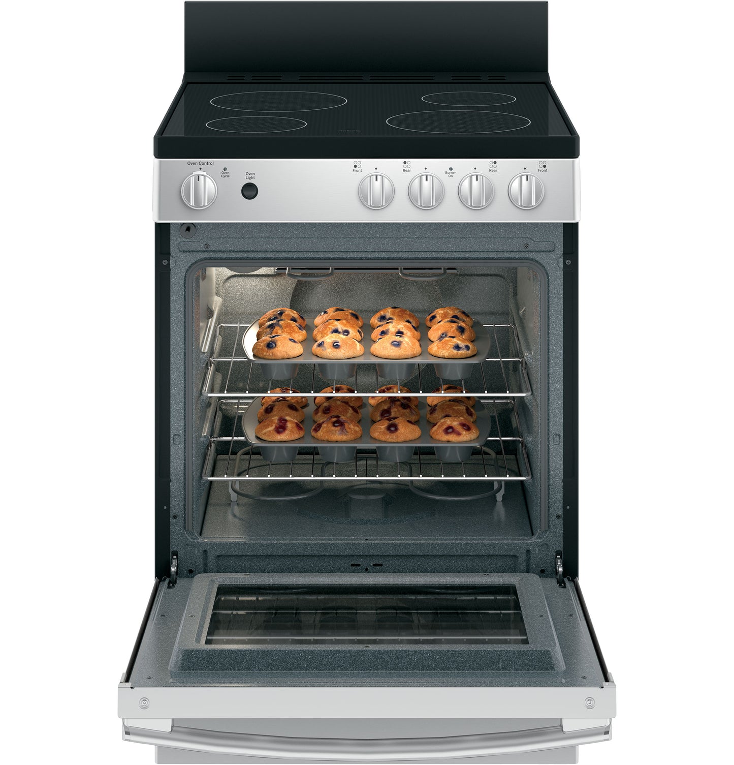 Stainless steel front control range with black induction cooktop and open oven baking blueberry muffins in kitchen setting