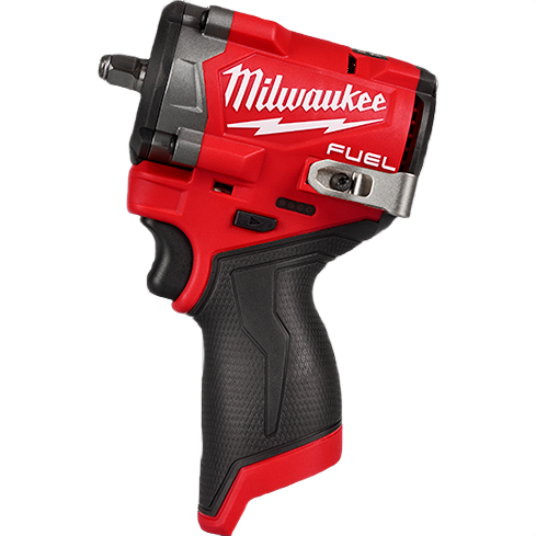 Compact red and black cordless impact wrench with textured grip and metal belt clip for tools and home improvement tasks