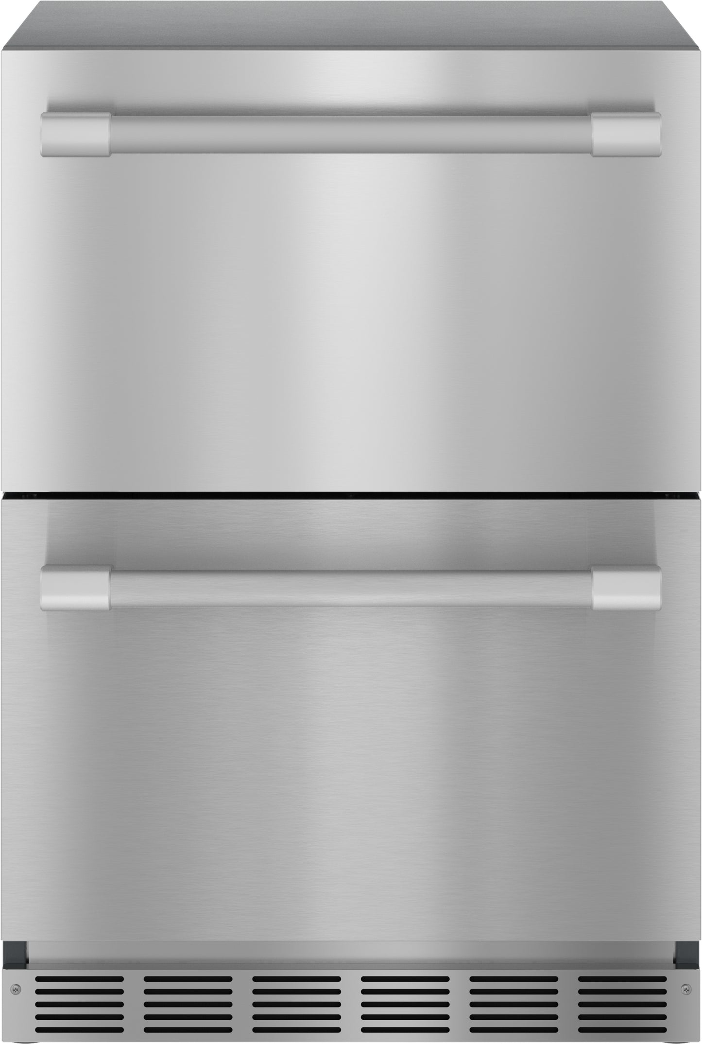 stainless steel under counter refrigerator with dual drawers and horizontal handles in kitchen appliances collection