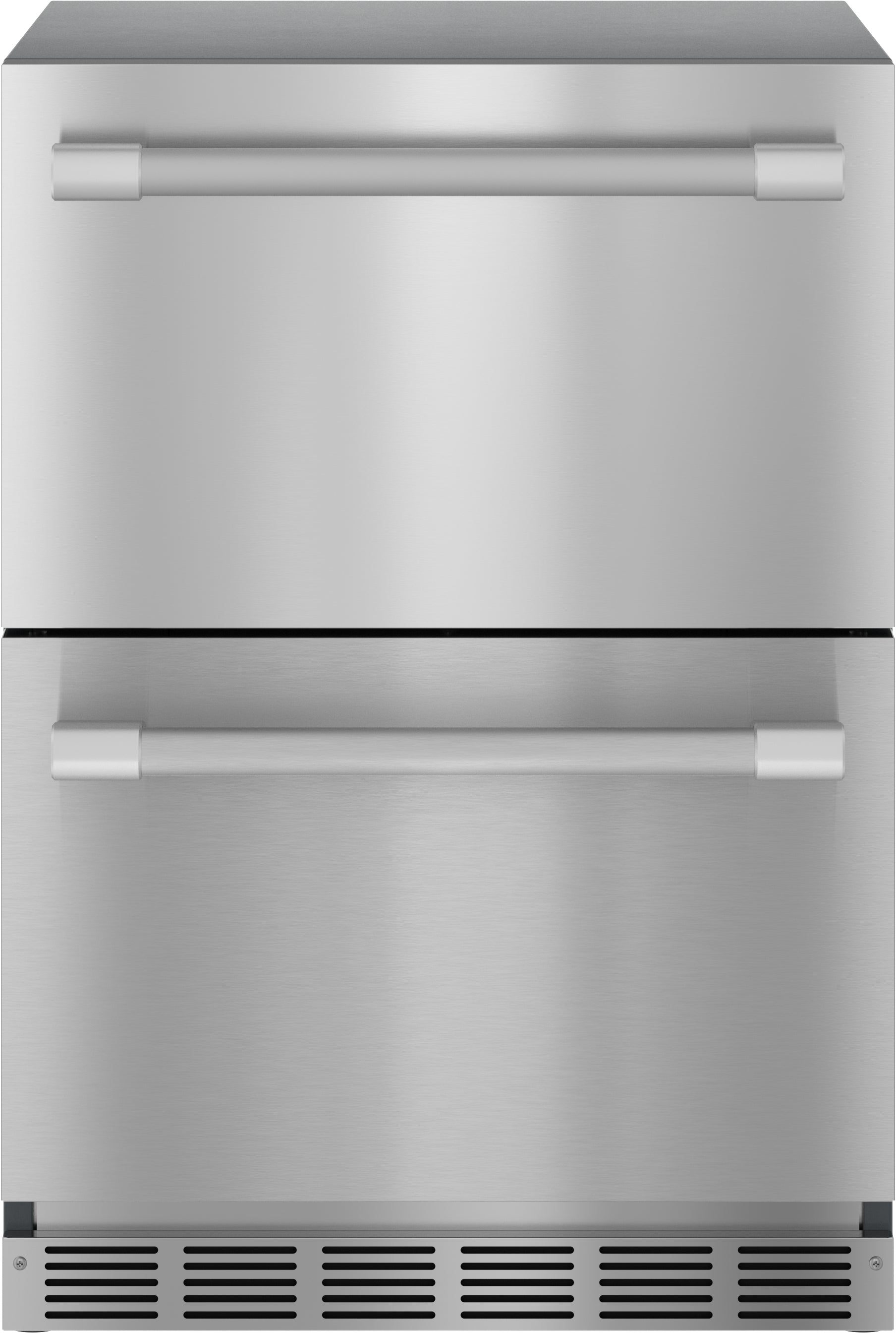 stainless steel under counter refrigerator with dual drawers and horizontal handles in kitchen appliances collection
