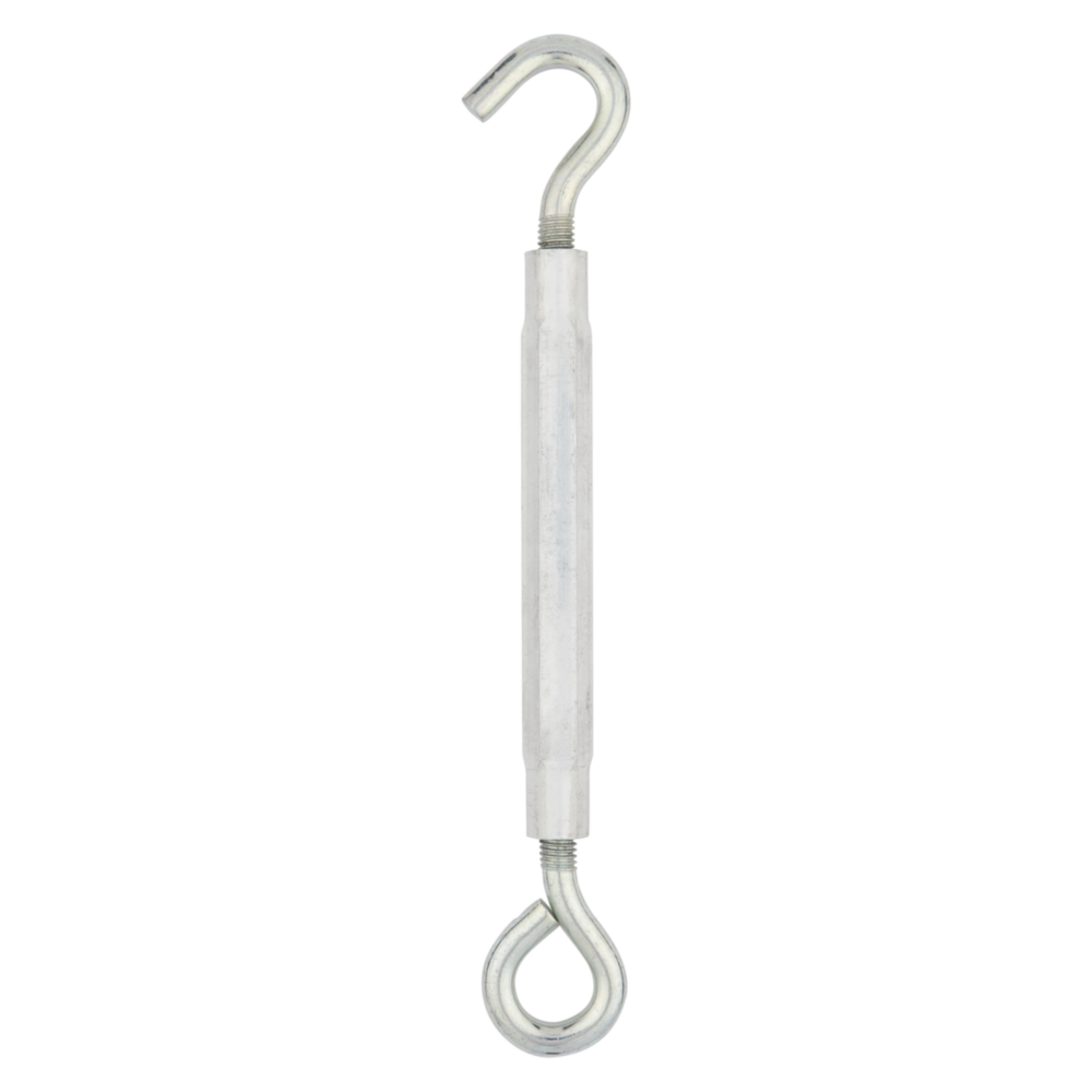 Zinc hook and eye turnbuckle with hex body for adjustable fastening in storage and garage organization under $50