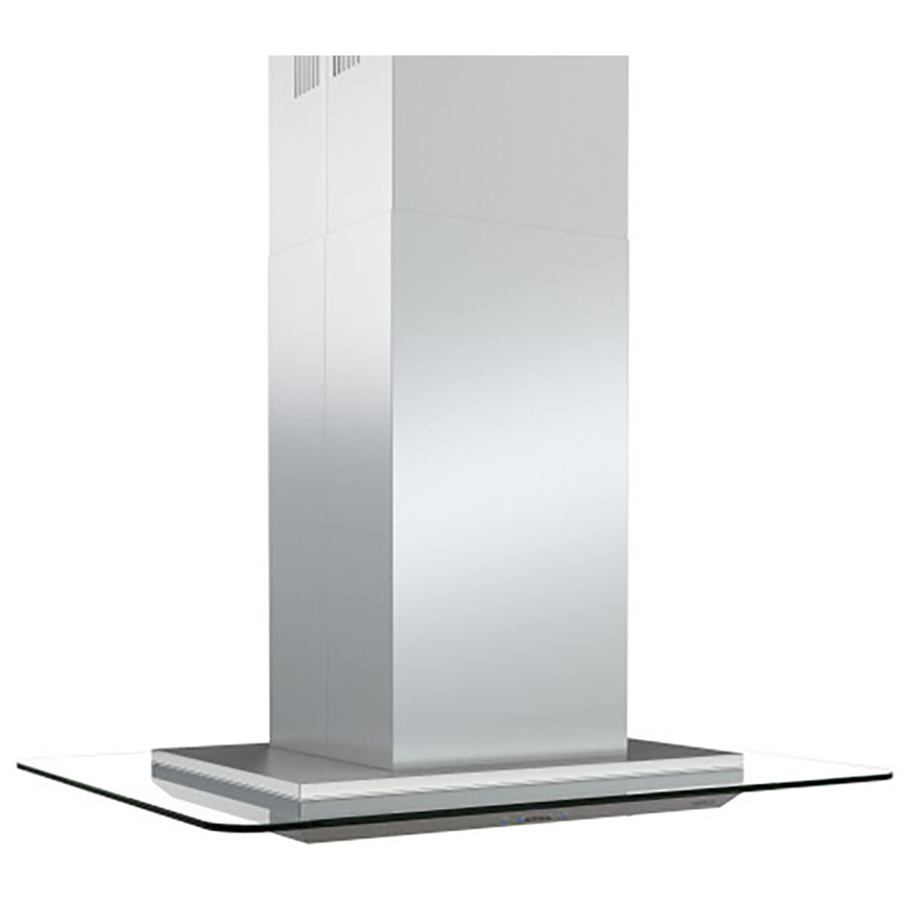 Stainless steel island range hood with straight glass canopy and ambiance LED lighting from Island Range Hoods collection