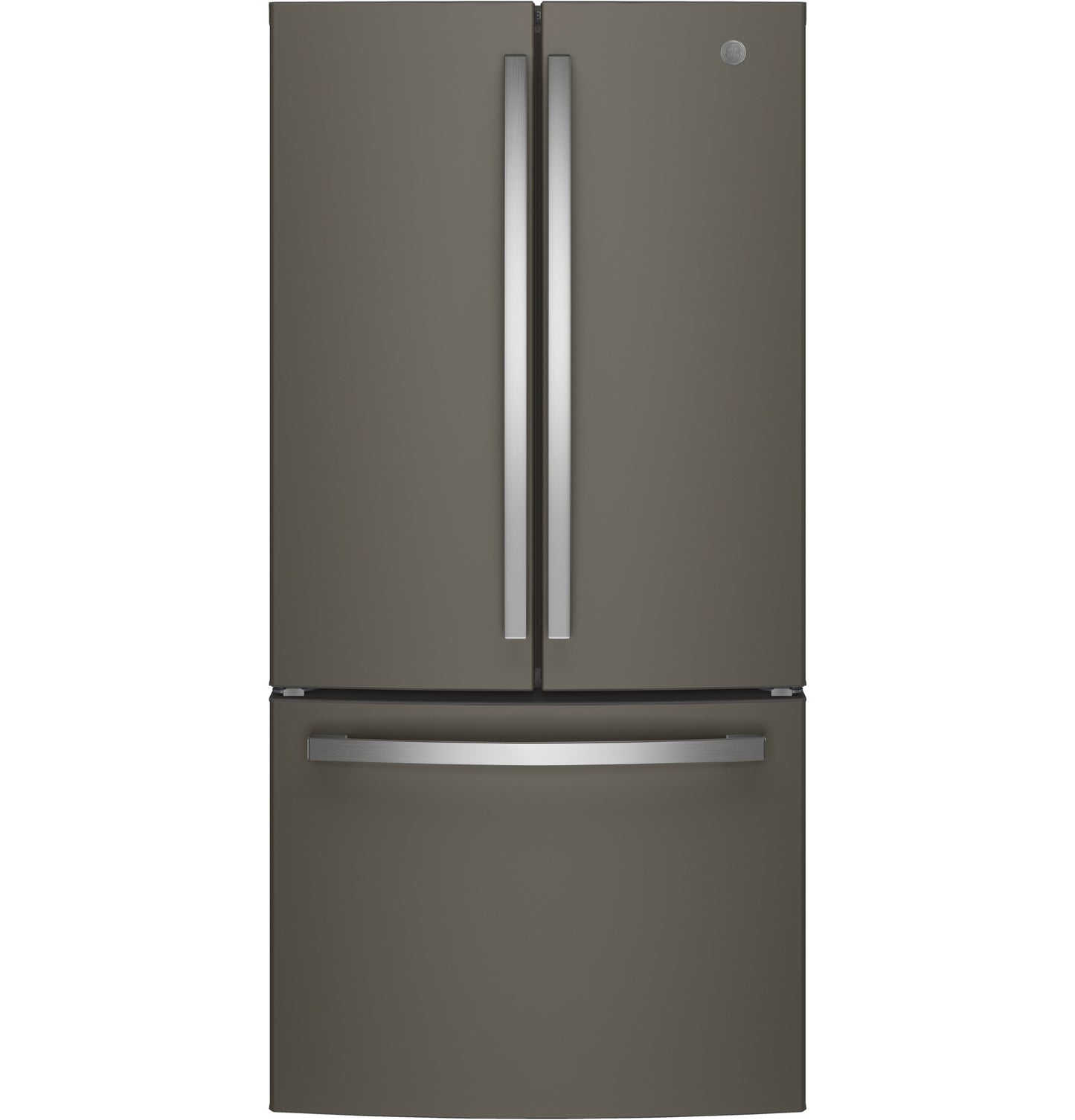 Counter-depth French door refrigerator in matte gray with bottom freezer and sleek metal handles in appliance collection
