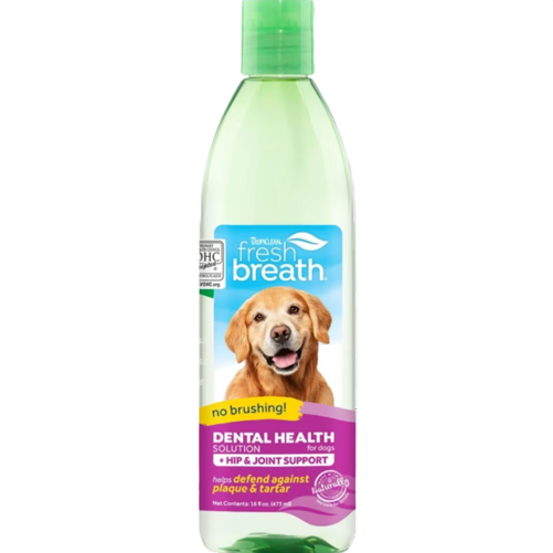 Green-capped bottle of pet oral care water additive supporting dental and hip joint health under $50 in pet and animal collection