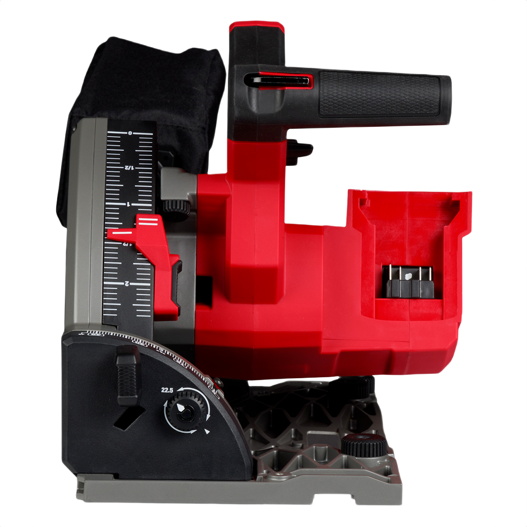 Red and black plunge track saw with adjustable depth and angle settings for precision cutting in woodworking and power tools collections