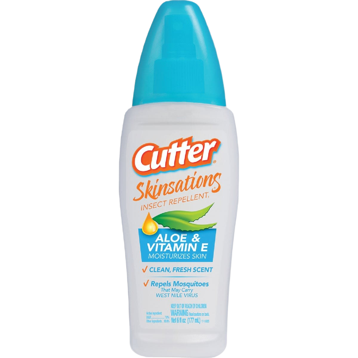 Clear spray bottle of Cutter Skinsations insect repellent with aloe and vitamin E for mosquito protection under $50 collections