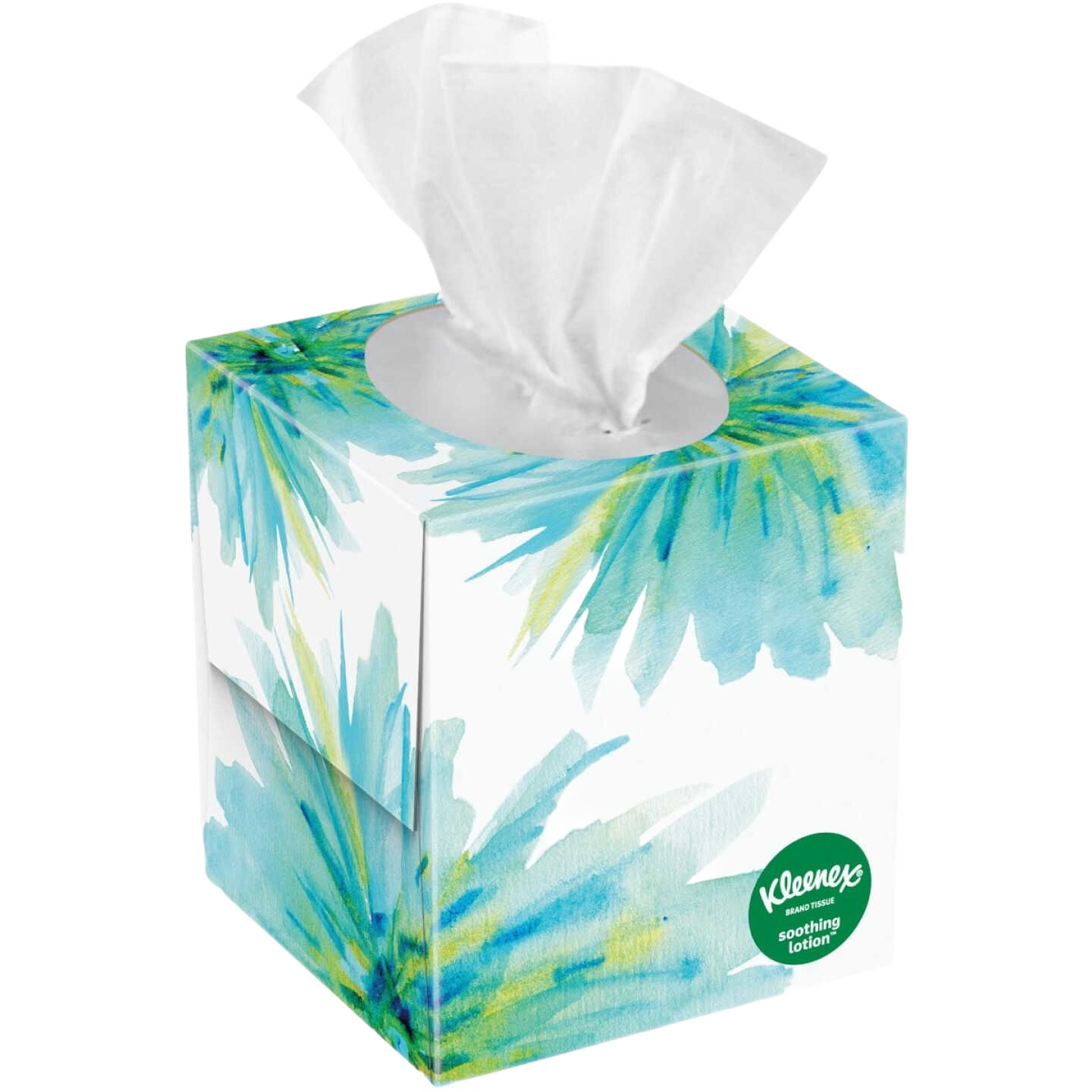 Decorative 3-ply facial tissues box with blue and green floral design and soothing lotion for gentle use