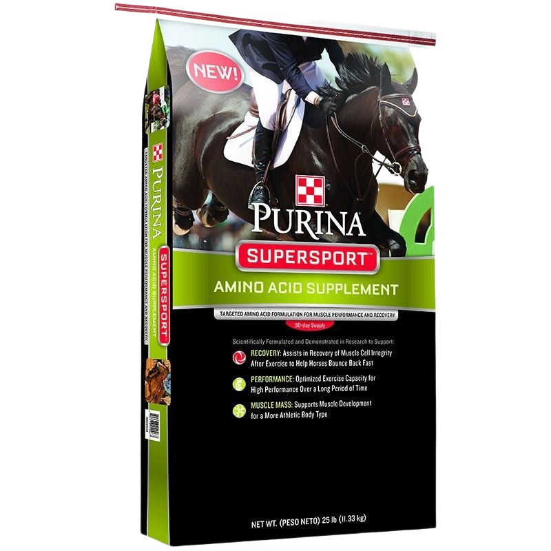 Bag of Purina Supersport amino acid supplement for horses promoting muscle recovery and performance support