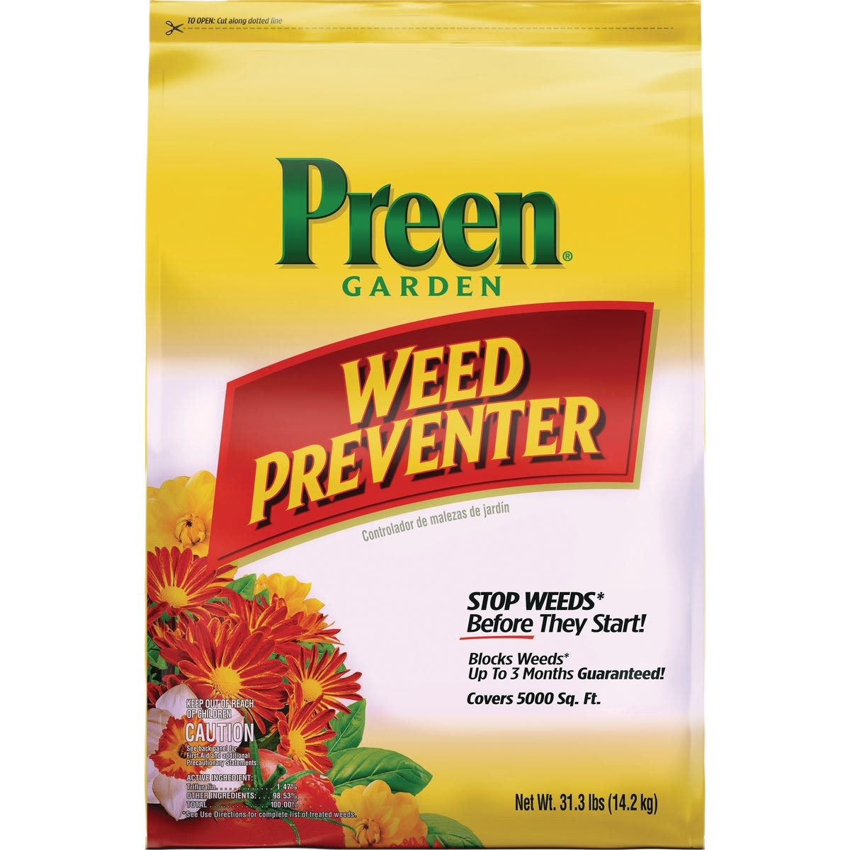 Yellow and red bag of Preen granules for stopping weed growth in flower beds and gardens, under $100 lawn care product