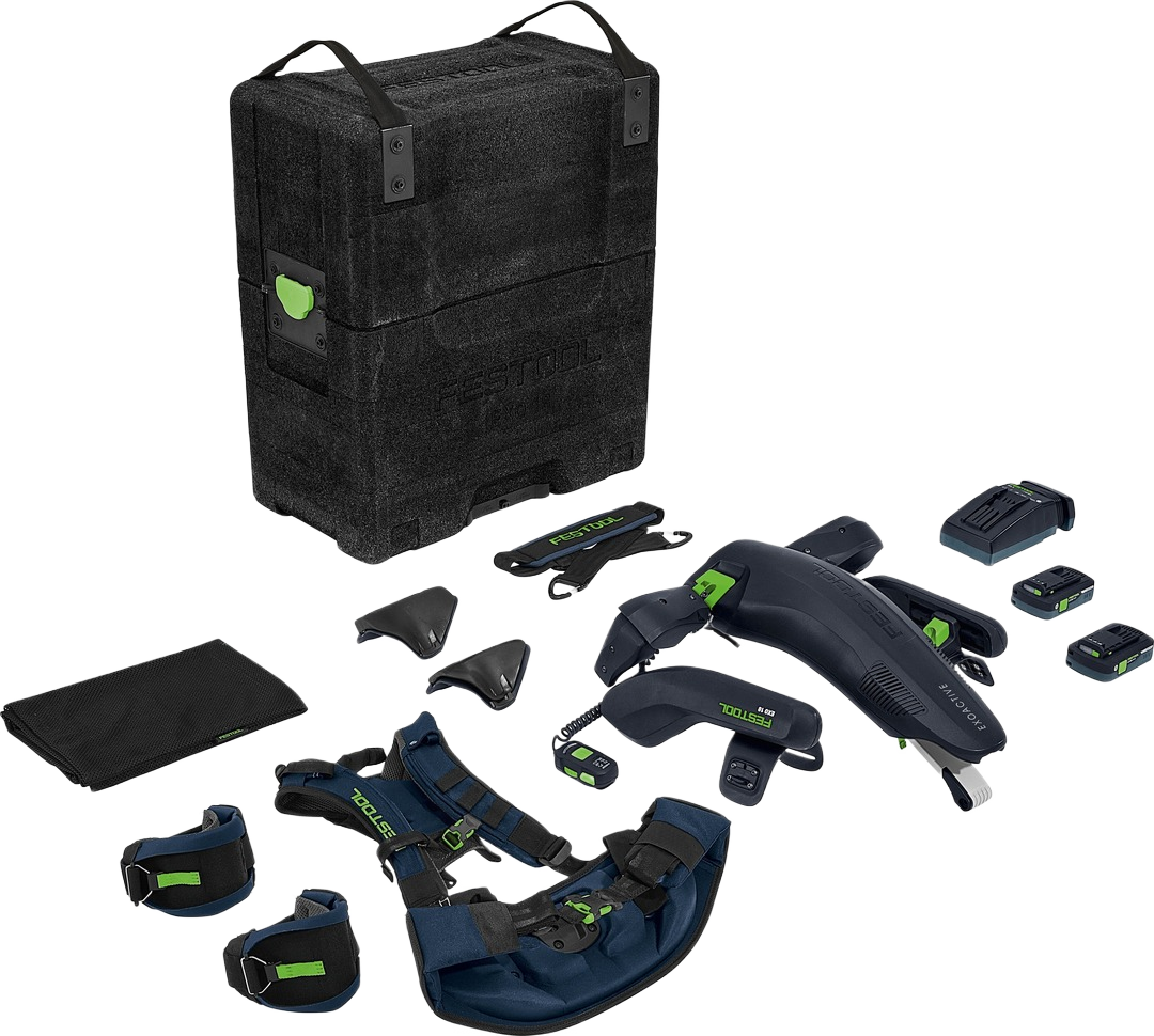 Dark gray ergonomic exoskeleton system with straps, control unit, batteries, charger, and carrying case for tool accessories