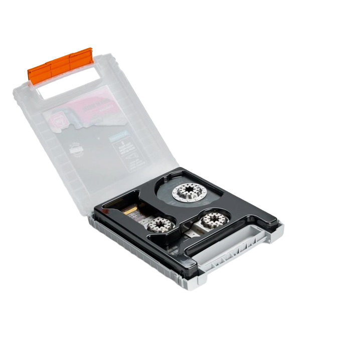 Clear plastic storage case with orange latch holding six metal cutting Starlock saw blades for power tool accessories under $100 collections